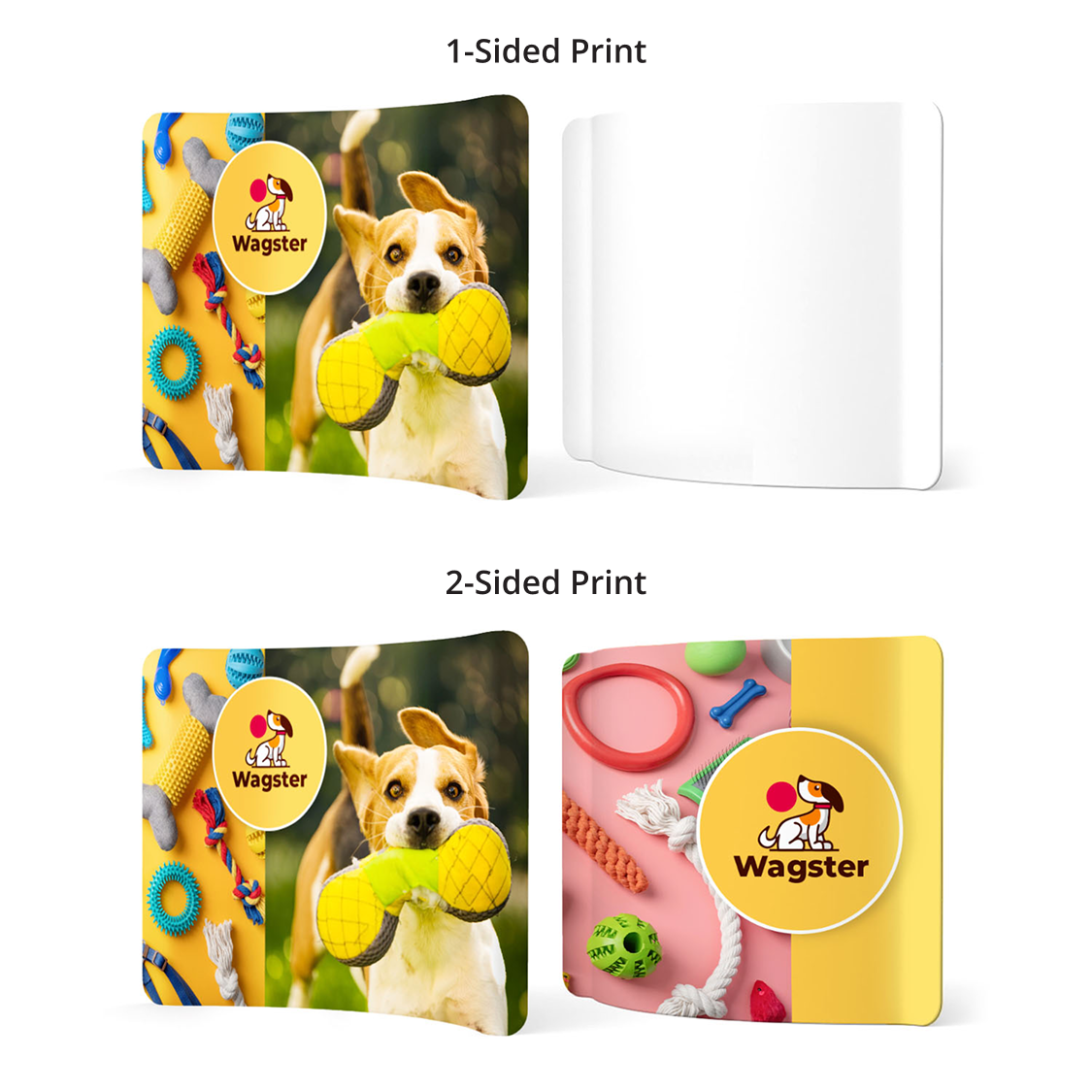 GoVizly 10ft curved tension fabric display front and back view showing double-sided print configuration