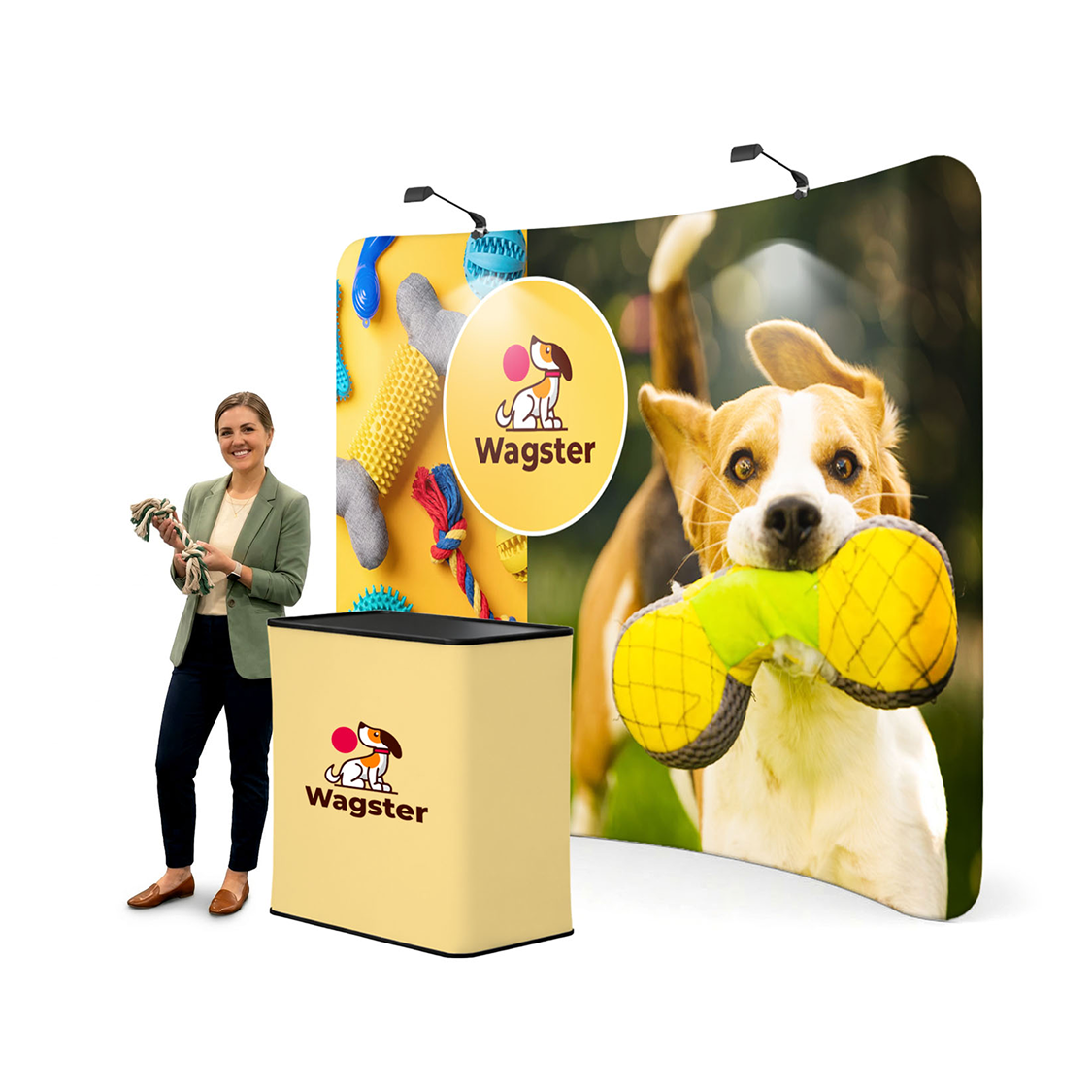 GoVizly 10ft curved tension fabric display with LED and podium shown with model at trade show booth