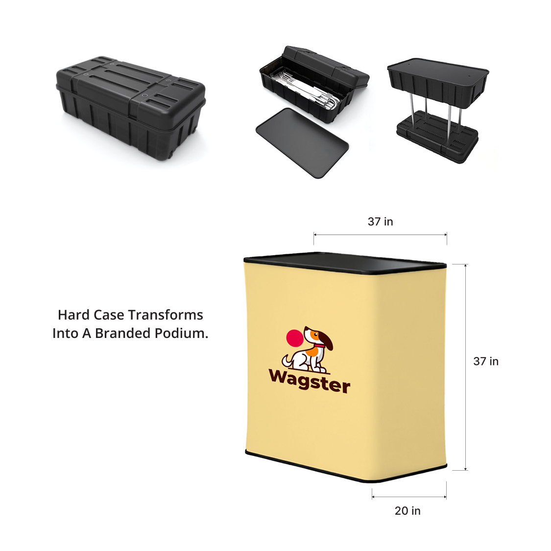GoVizly hard rolling case converted to branded podium with custom graphic wrap at trade show booth