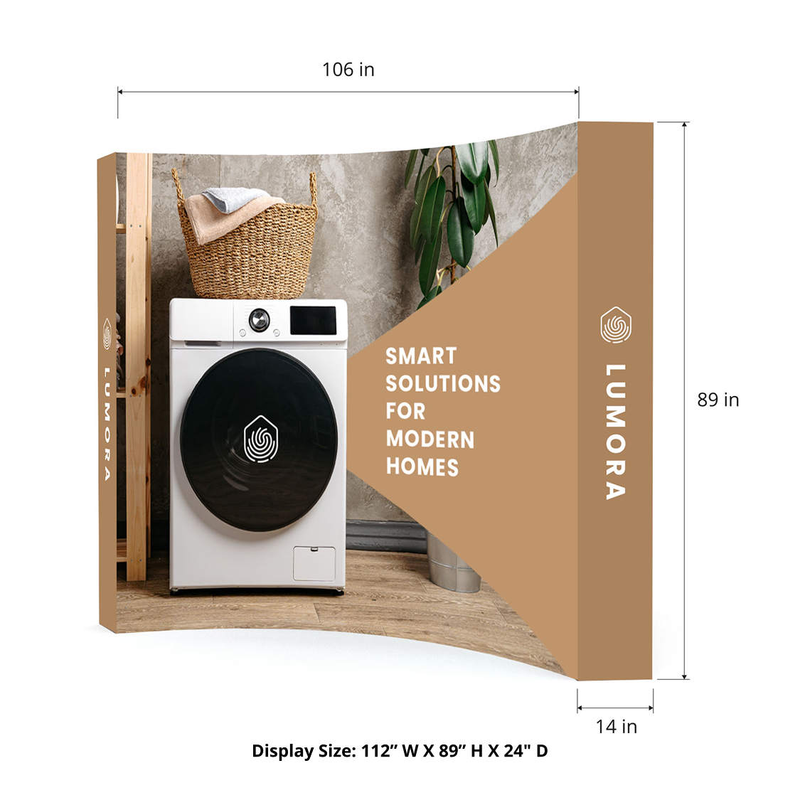 GoVizly 10ft curved pop-up display measurement diagram showing 112 inch width, 89 inch height and 24 inch depth