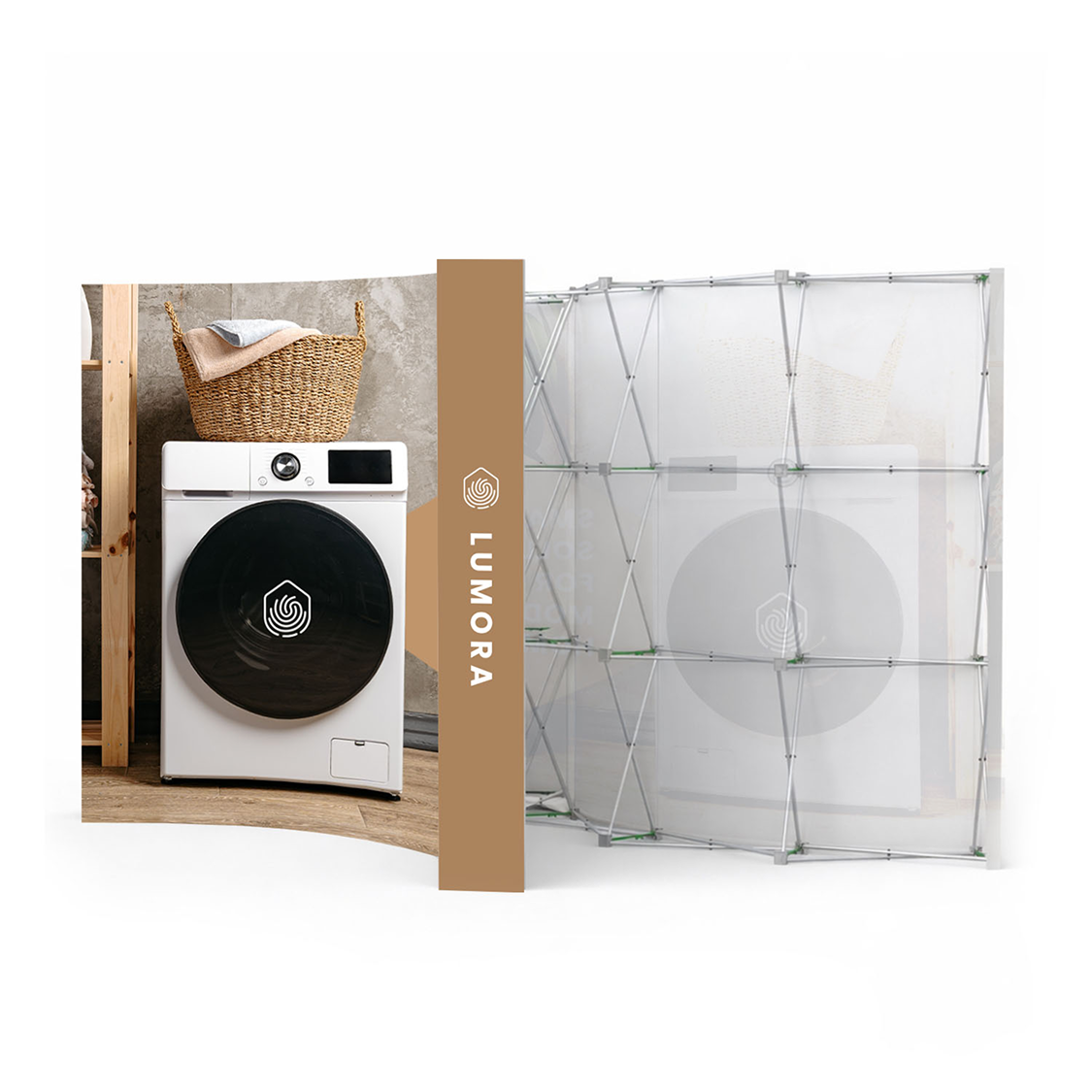 GoVizly 10ft curved pop-up display front and back view showing velcro fabric print and frame configuration