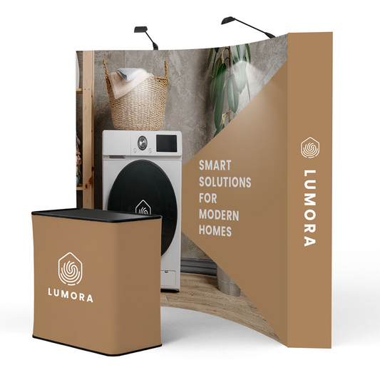 GoVizly 10ft curved pop-up display complete set showing curved backdrop, LED spotlights, and podium together