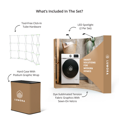 GoVizly 10ft curved pop-up display kit packed inside hard rolling case for transport and storage