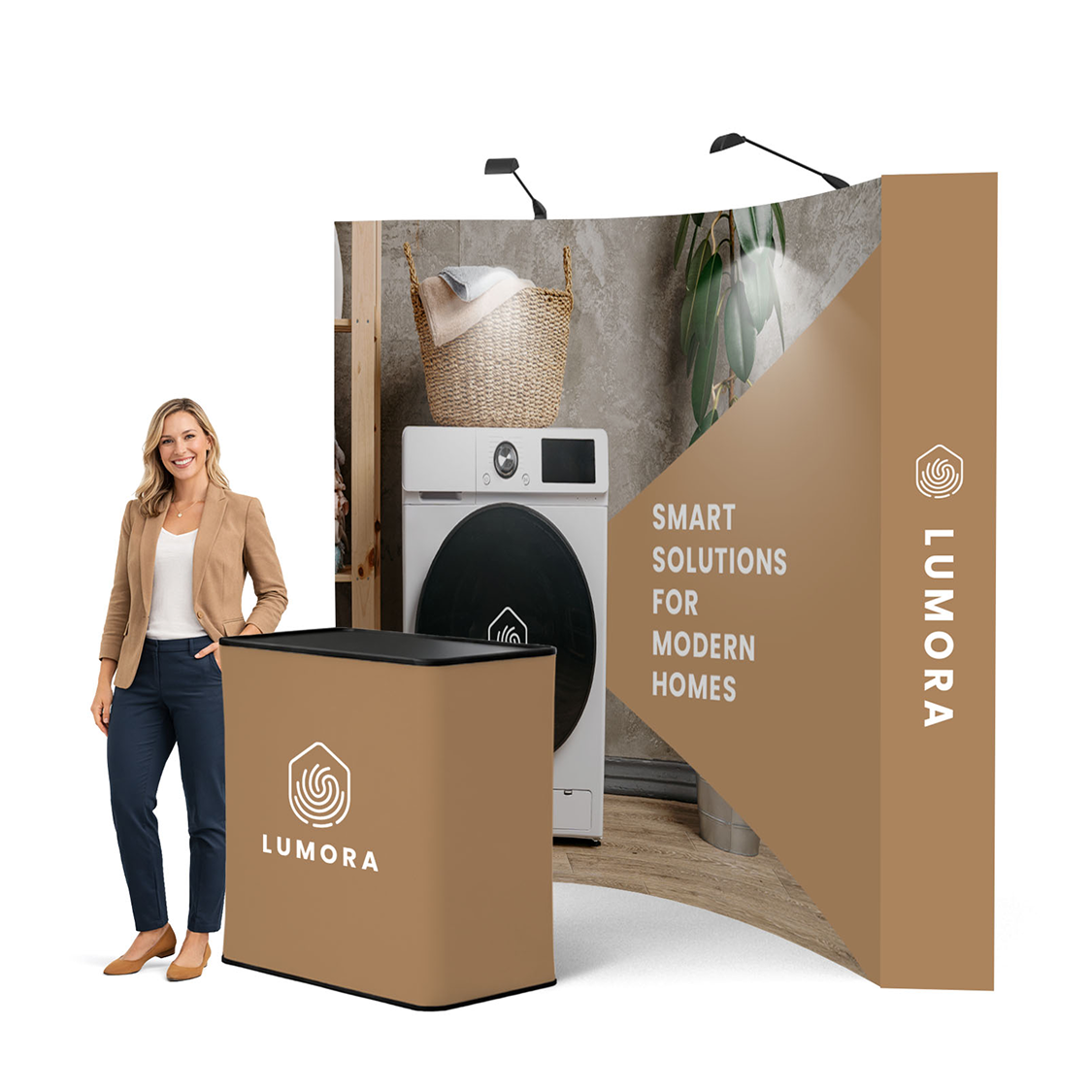 GoVizly 10ft curved pop-up display with LED and podium shown with model at trade show booth