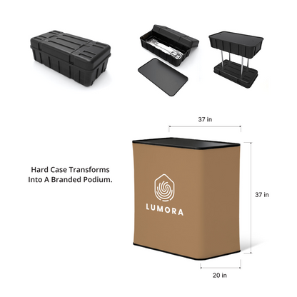 GoVizly hard rolling case converted to branded podium with custom graphic wrap at trade show booth
