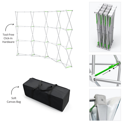 GoVizly 10ft curved pop-up display accordion frame hardware expanded and ready for graphic attachment
