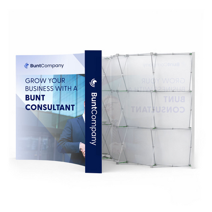 GoVizly 10ft curved pop-up display front and back view showing double-sided velcro fabric print configuration
