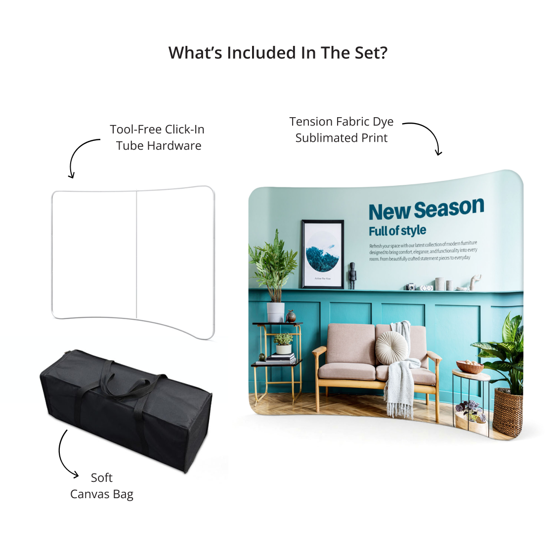 GoVizly 10ft curved tension fabric display packed into soft canvas carry bag for transport and storage