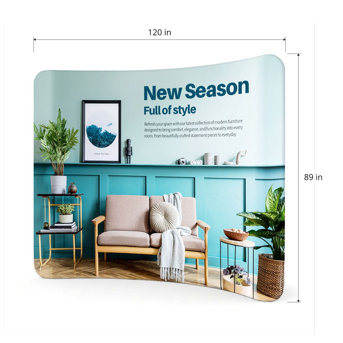 GoVizly 10ft curved tension fabric display measurement diagram showing 120 inch width and 89 inch height