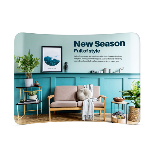 GoVizly 10ft curved tension fabric display front view showing full graphic coverage and curved aluminum frame