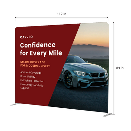 GoVizly 10ft straight tension fabric display measurement diagram showing 112 inch width and 89 inch height