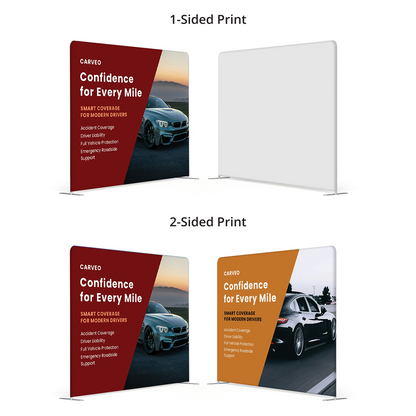 GoVizly 10ft straight tension fabric display front and back view showing double-sided dye-sublimation print configuration