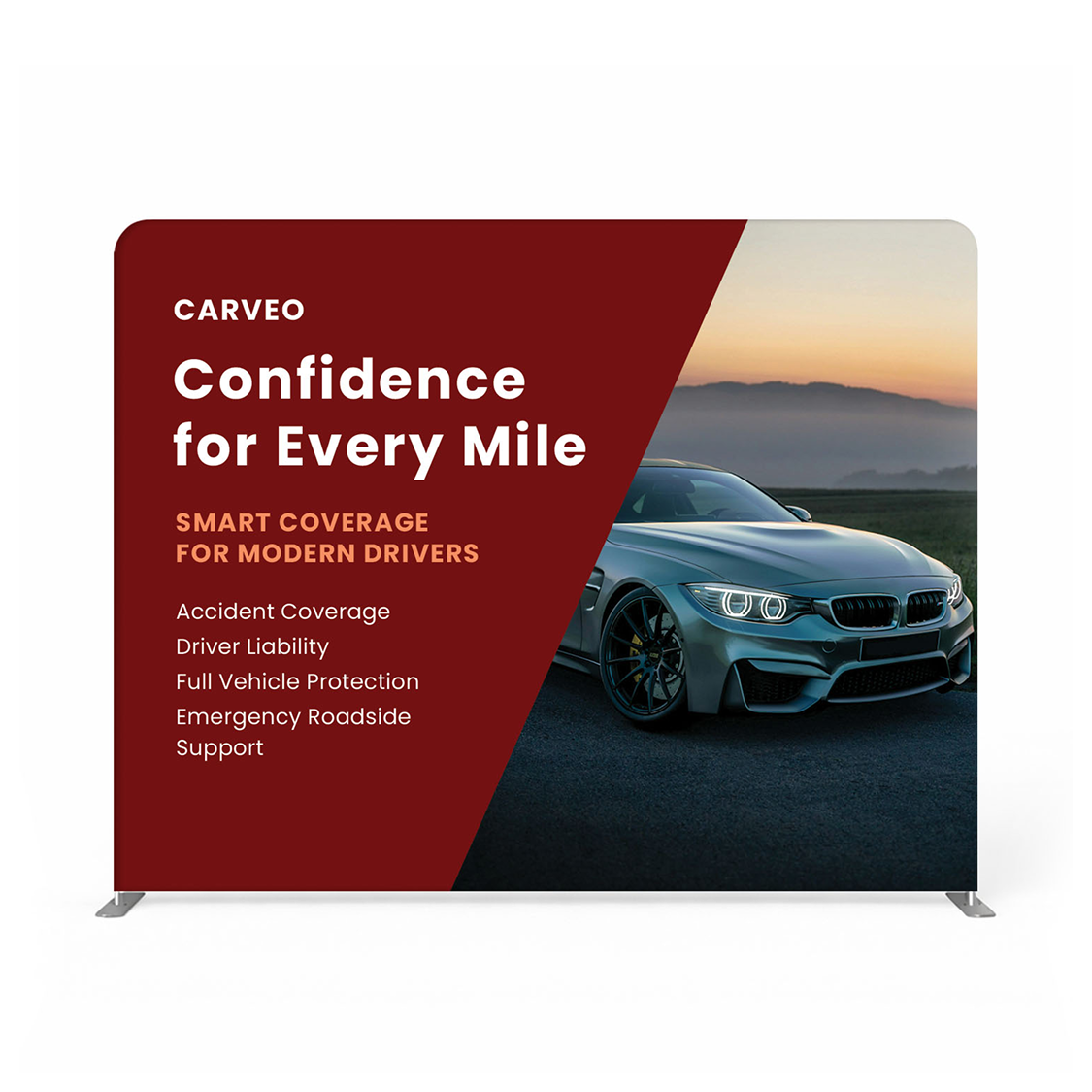 GoVizly 10ft straight tension fabric display with LED spotlights front view showing full graphic coverage and flat frame profile