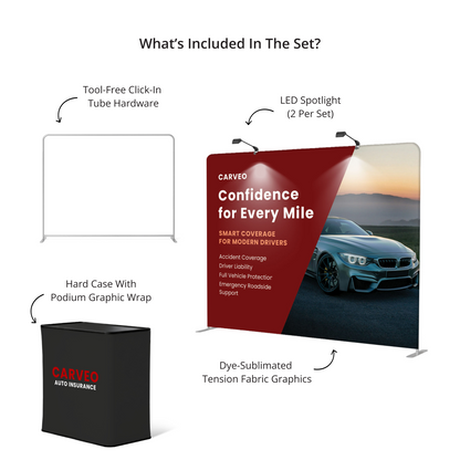 GoVizly 10ft straight tension fabric display kit packed inside hard rolling case for transport and storage