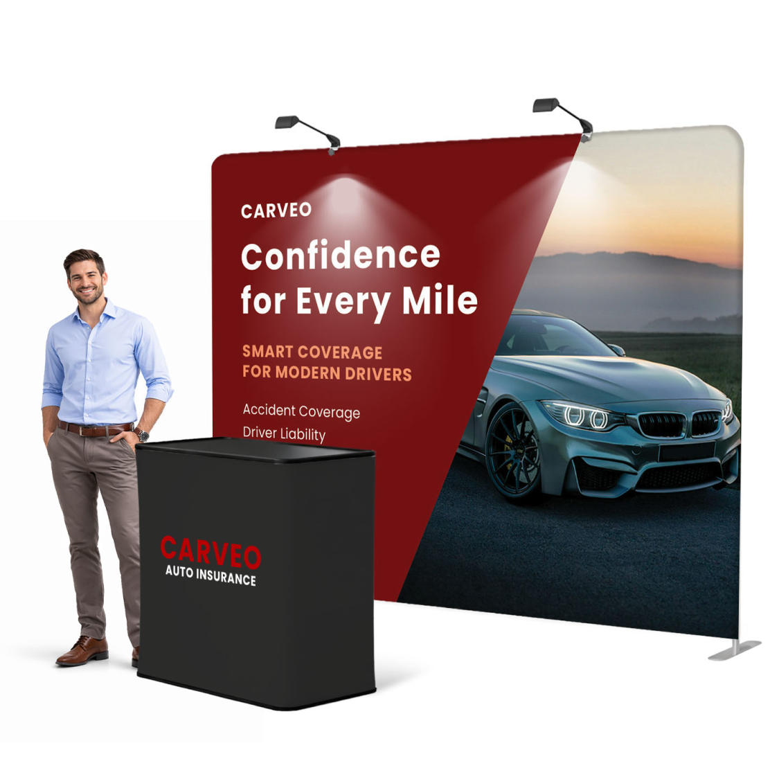GoVizly 10ft straight tension fabric display with LED and podium shown with model at trade show booth