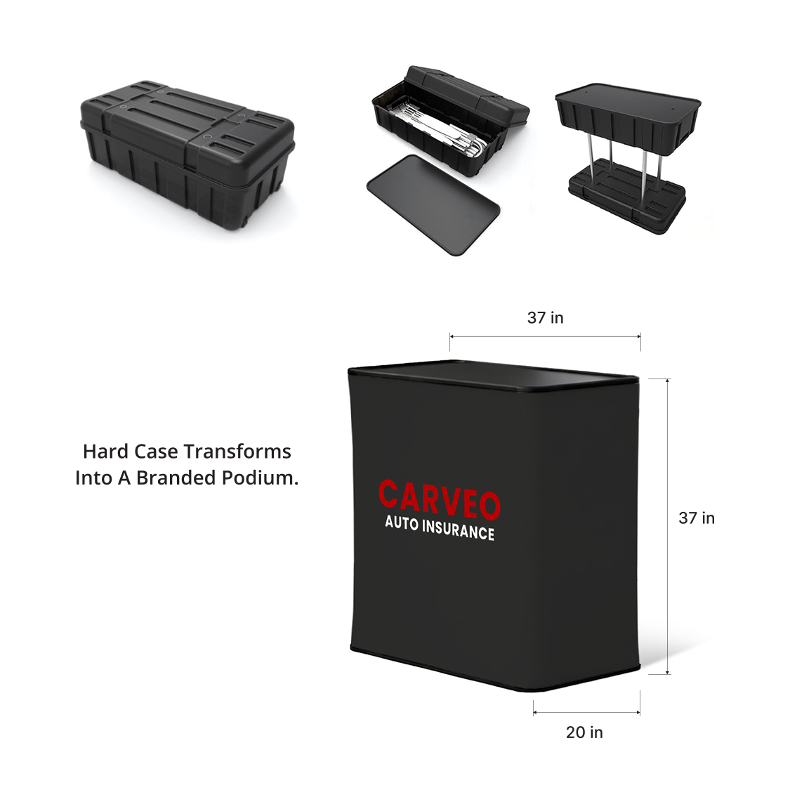 GoVizly hard rolling case converted to branded podium with custom graphic wrap at trade show booth