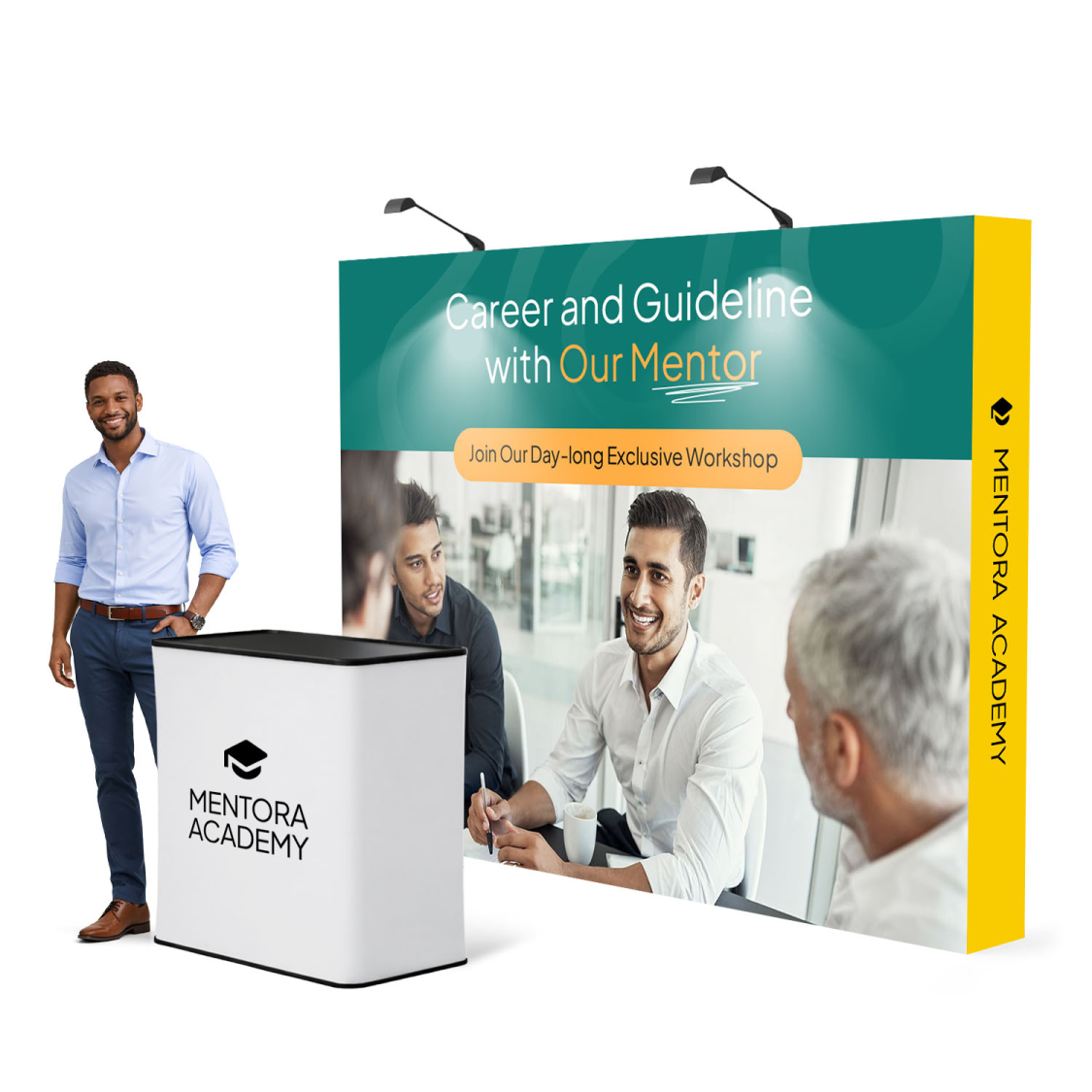 GoVizly 10ft straight pop-up display with LED and podium shown with model at trade show booth