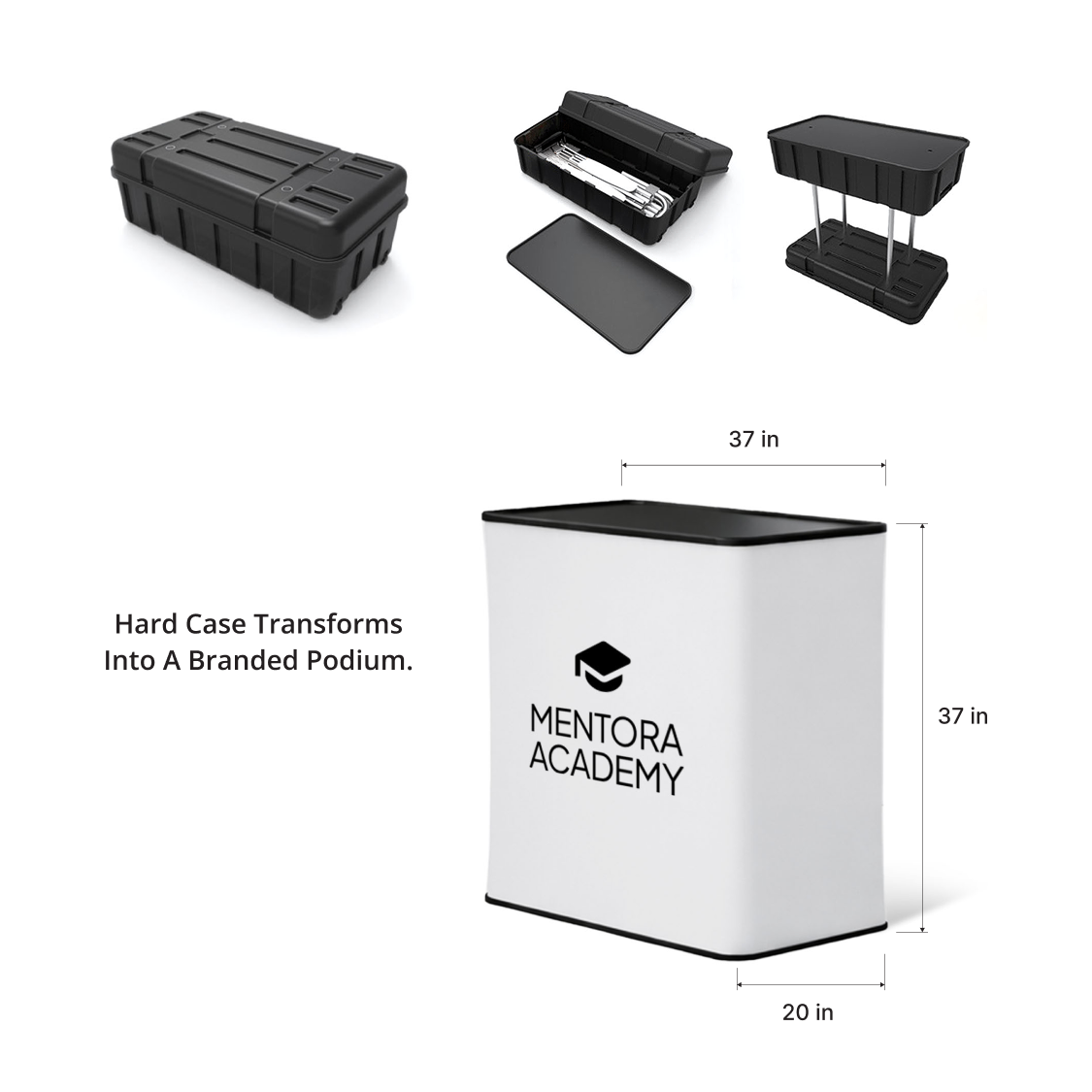 GoVizly hard rolling case converted to branded podium with custom graphic wrap at trade show booth