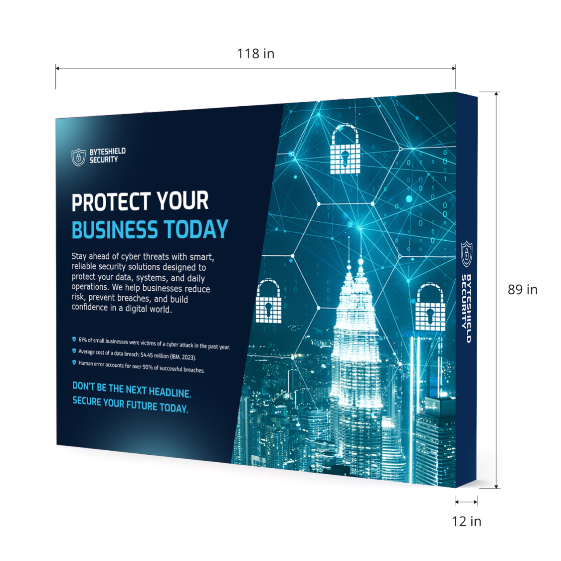 GoVizly 10ft straight pop-up display measurement diagram showing 118 inch width, 89 inch height and 12 inch depth