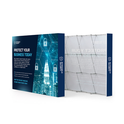 GoVizly 10ft straight pop-up display front and back view showing velcro fabric print and frame