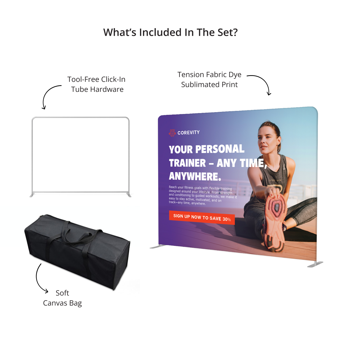 GoVizly 10ft straight tension fabric display packed into soft canvas carry bag for transport and storage
