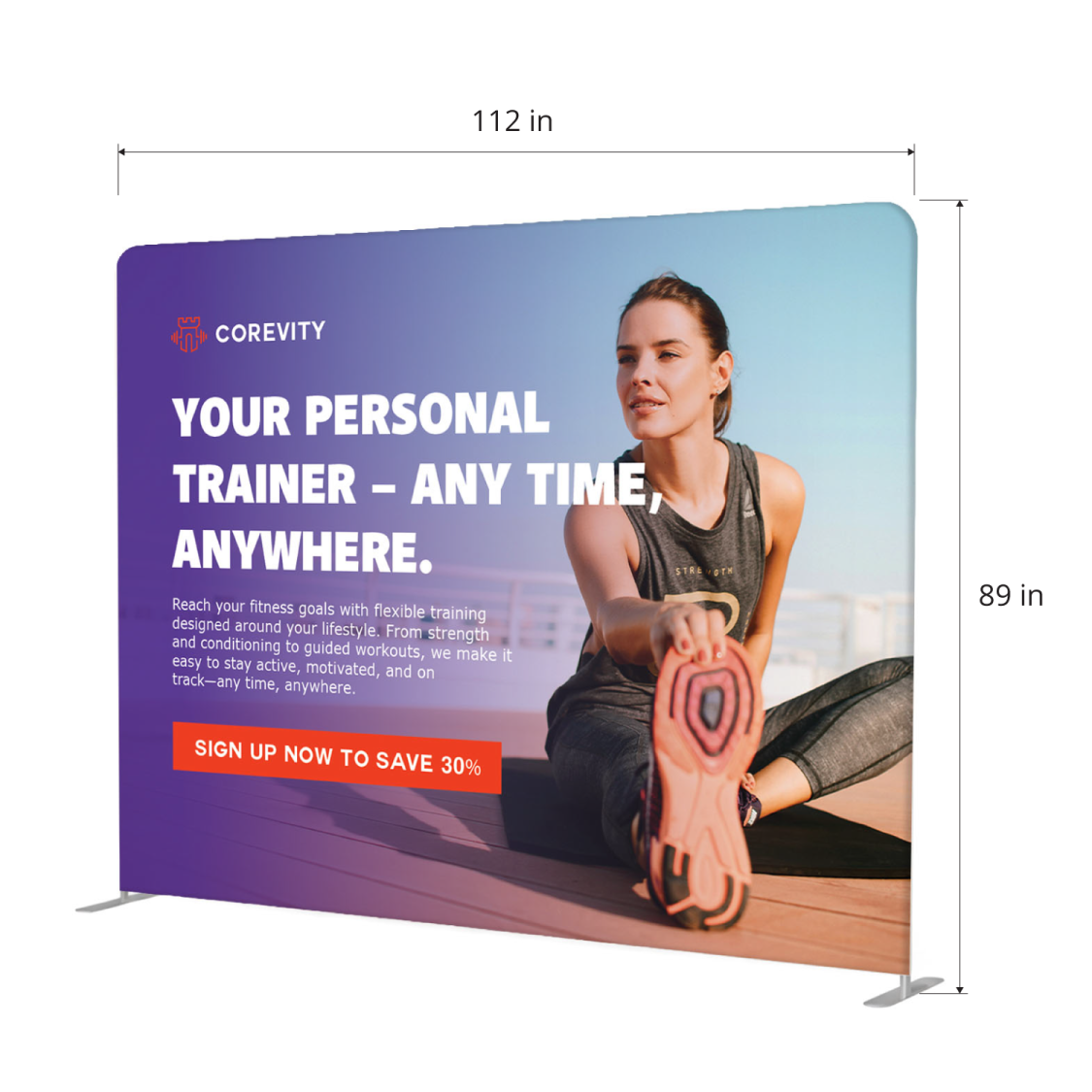 GoVizly 10ft straight tension fabric display measurement diagram showing 112 inch width and 89 inch height
