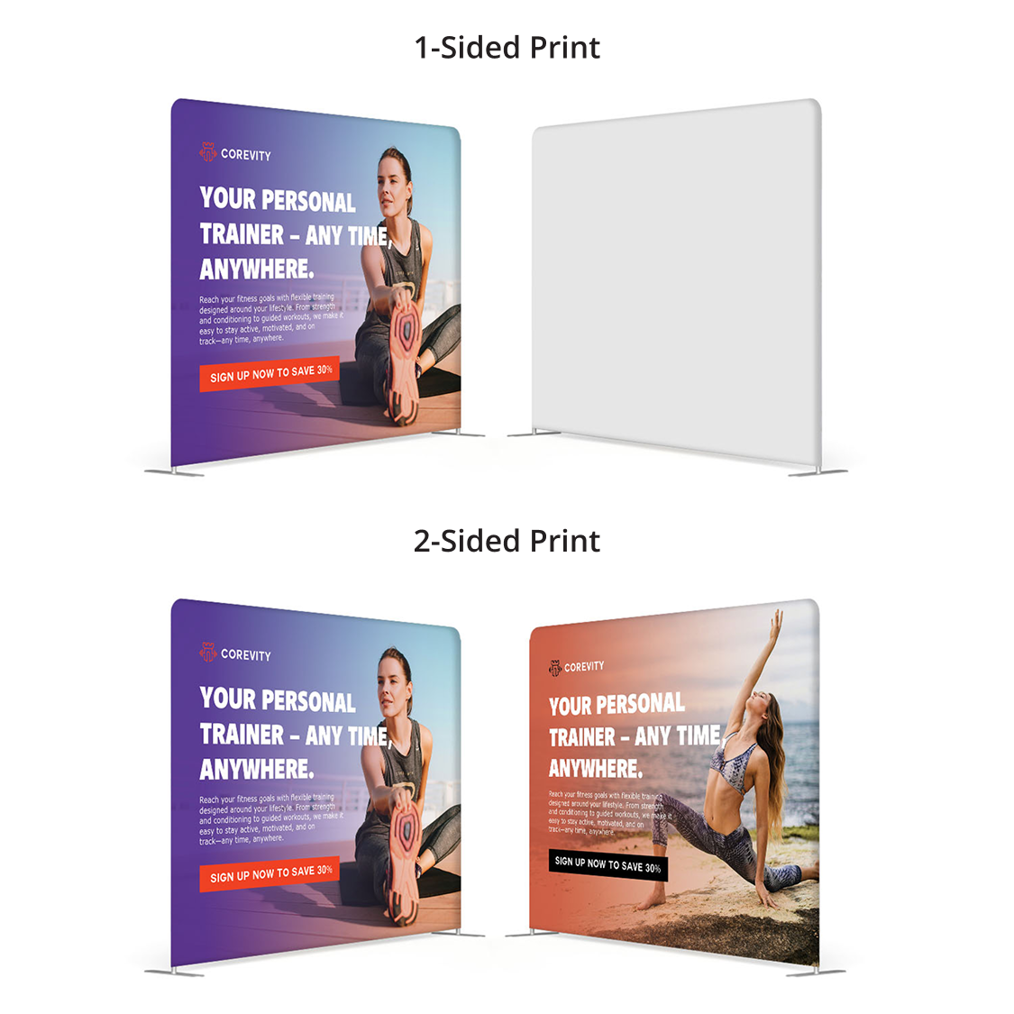 GoVizly 10ft straight tension fabric display front and back view showing double-sided print configuration