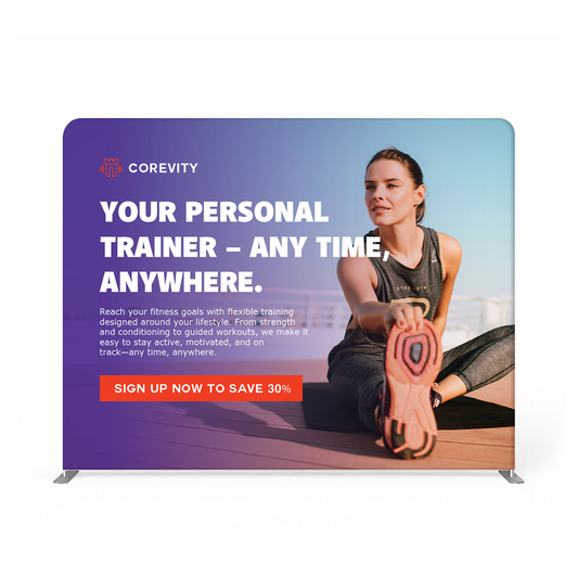 GoVizly 10ft straight tension fabric display front view showing flat profile and full graphic coverage