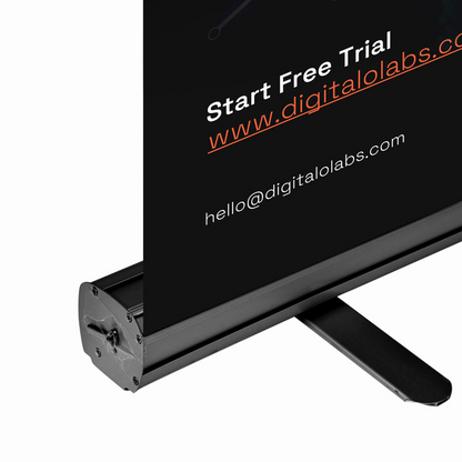 Close-up detail of GoVizly 33x80 black retractable banner stand base and stabilizing foot