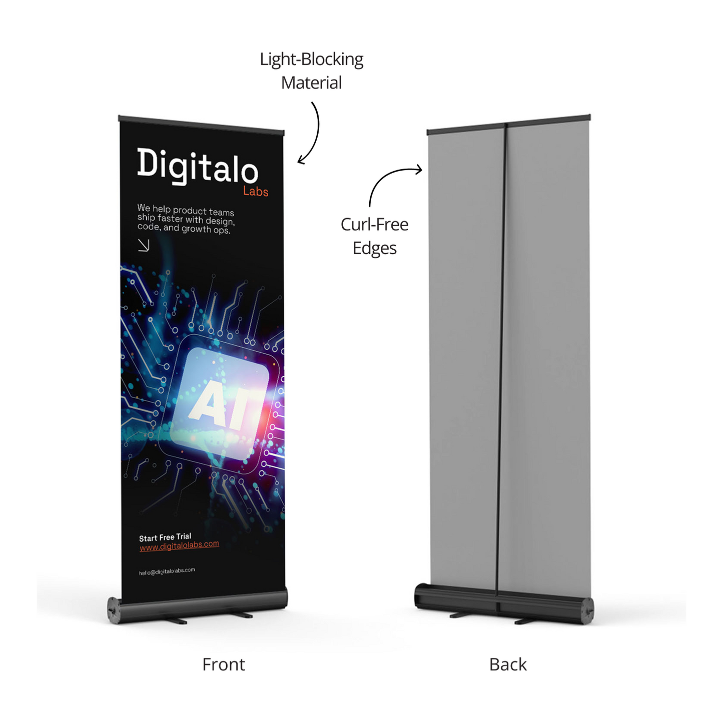 Front and back view of GoVizly 33x80 black retractable banner stand showing light-blocking fabric material