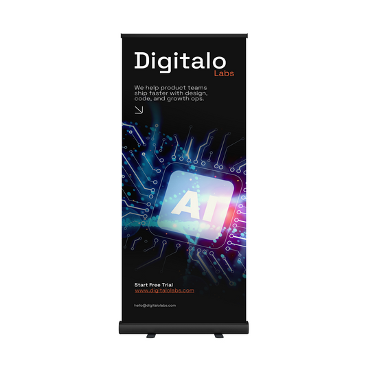 GoVizly 33x80 black retractable banner stand front view with full-color printed graphic and matte black base