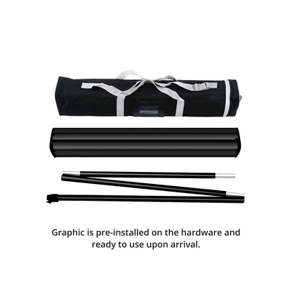All included components of GoVizly 33x80 black retractable banner stand — base, pole, graphic, and carrying case