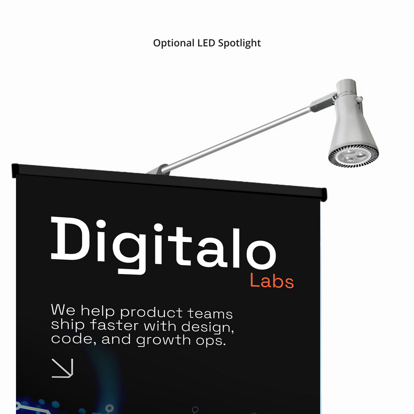 Optional LED spotlight accessory shown with GoVizly 33x80 black retractable banner stand