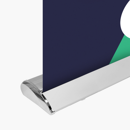 Close-up detail of GoVizly 33x80 deluxe retractable banner stand wide base and chrome endcaps
