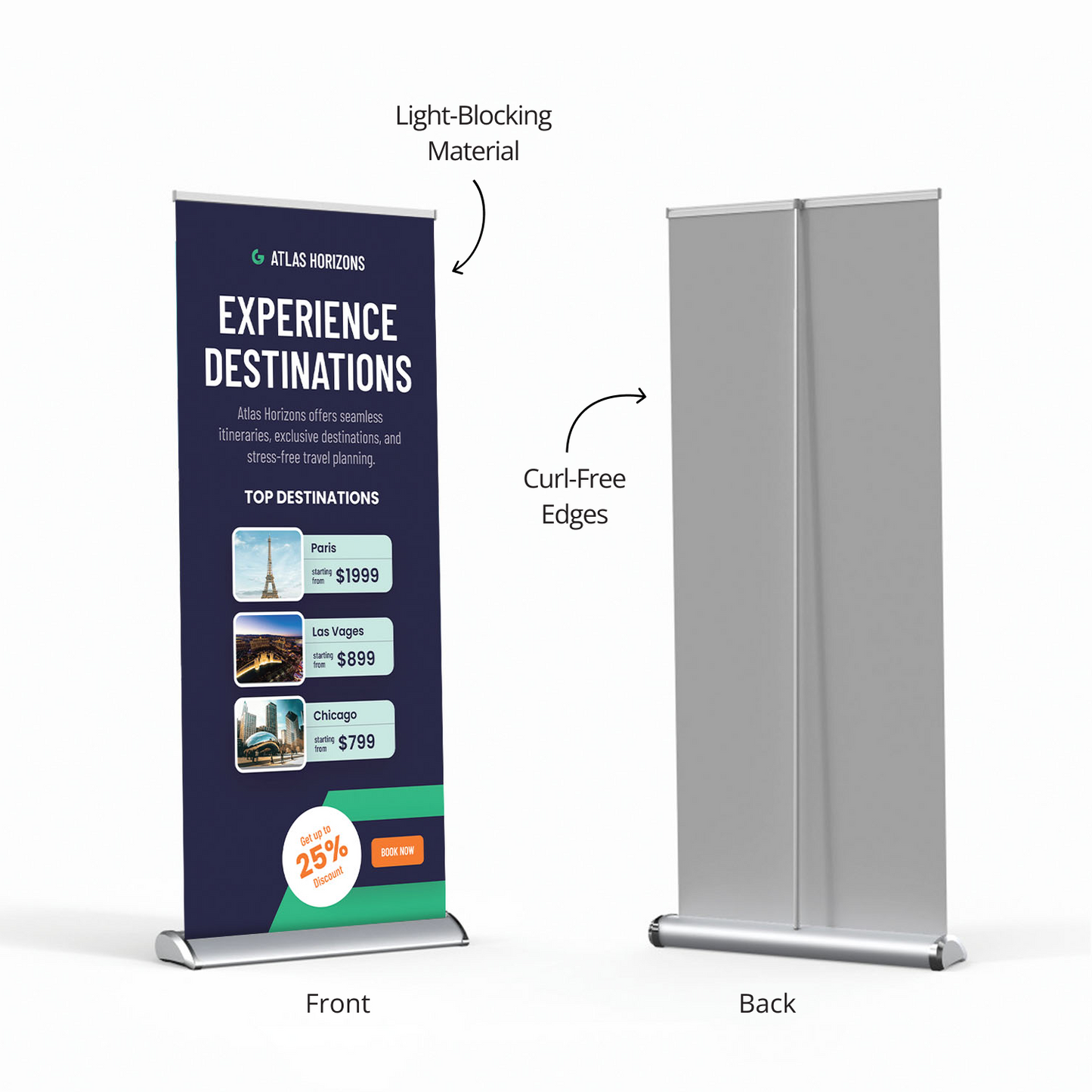 Front and back view of GoVizly 33x80 deluxe retractable banner stand showing light-blocking fabric material