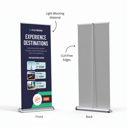Front and back view of GoVizly 33x80 deluxe retractable banner stand showing light-blocking fabric material