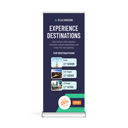 GoVizly 33x80 deluxe retractable banner stand front view with full-color printed graphic