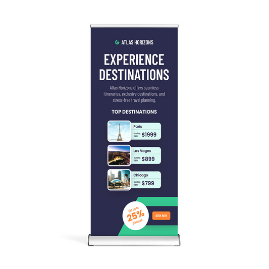 GoVizly 33x80 deluxe retractable banner stand front view with full-color printed graphic