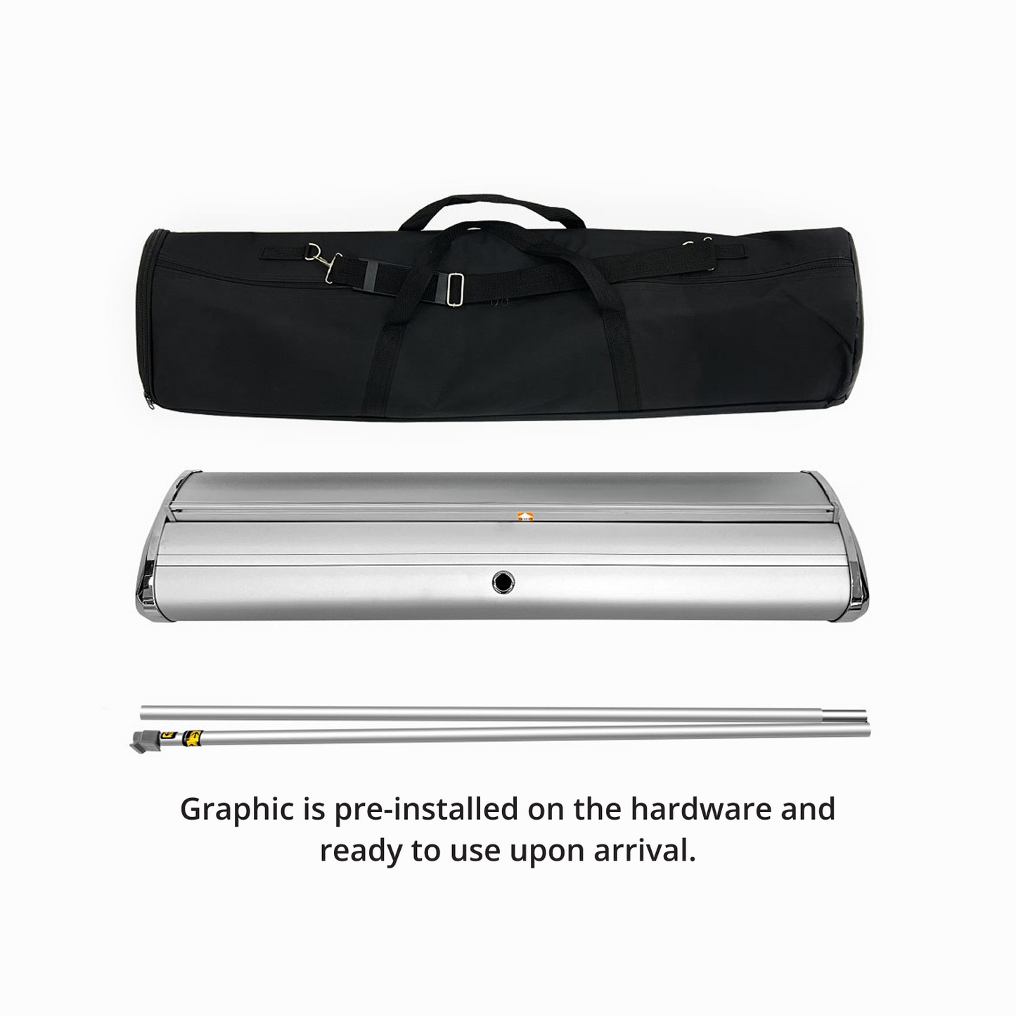 All included components of GoVizly 33x80 deluxe retractable banner stand — base, pole, graphic, and carrying case
