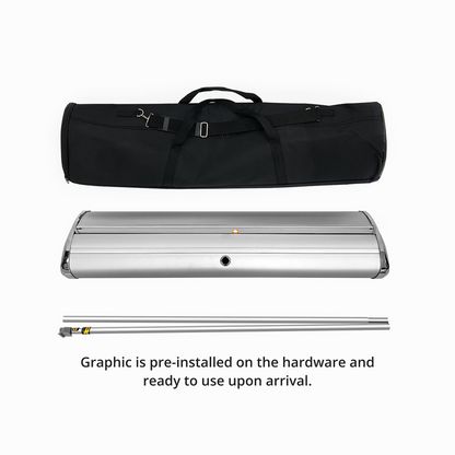All included components of GoVizly 33x80 deluxe retractable banner stand — base, pole, graphic, and carrying case