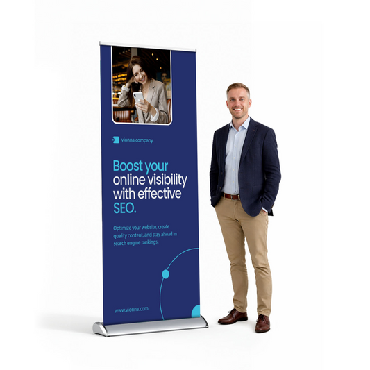GoVizly 33x80 deluxe retractable banner stand shown next to person for scale