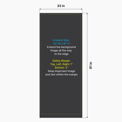 Artwork size and safety margin setup diagram for GoVizly 33x80 double-sided retractable banner stand