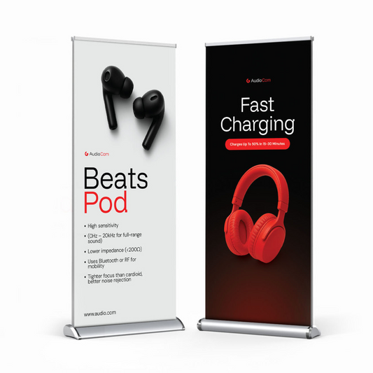 GoVizly 33x80 double-sided retractable banner stand front view with full-color printed graphic