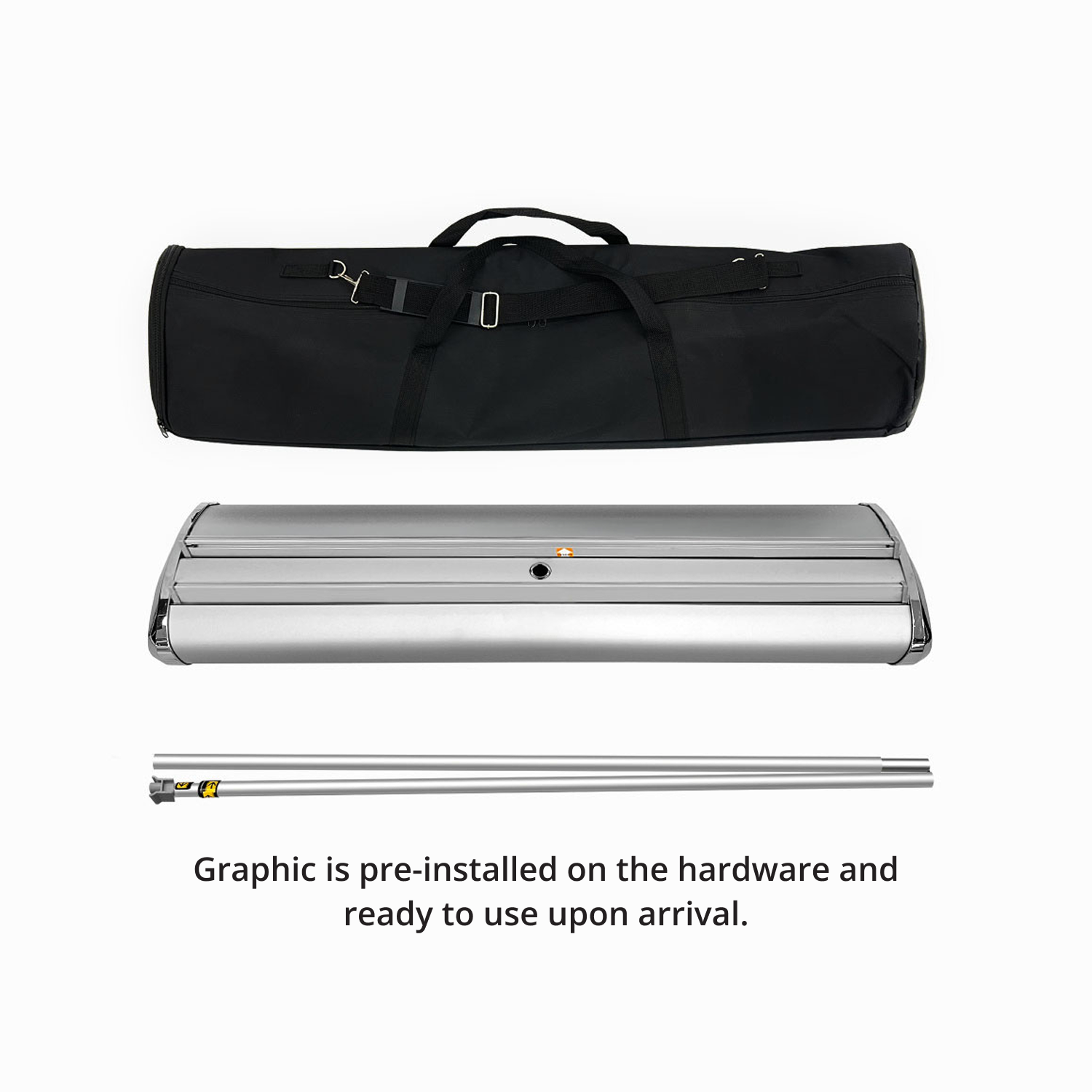 All included components of GoVizly 33x80 double-sided retractable banner stand — base, pole, graphics, and carrying case
