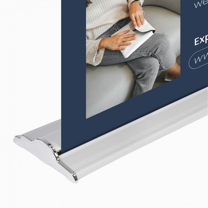 Close-up of GoVizly 36 inch height-adjustable retractable banner stand base cassette detail