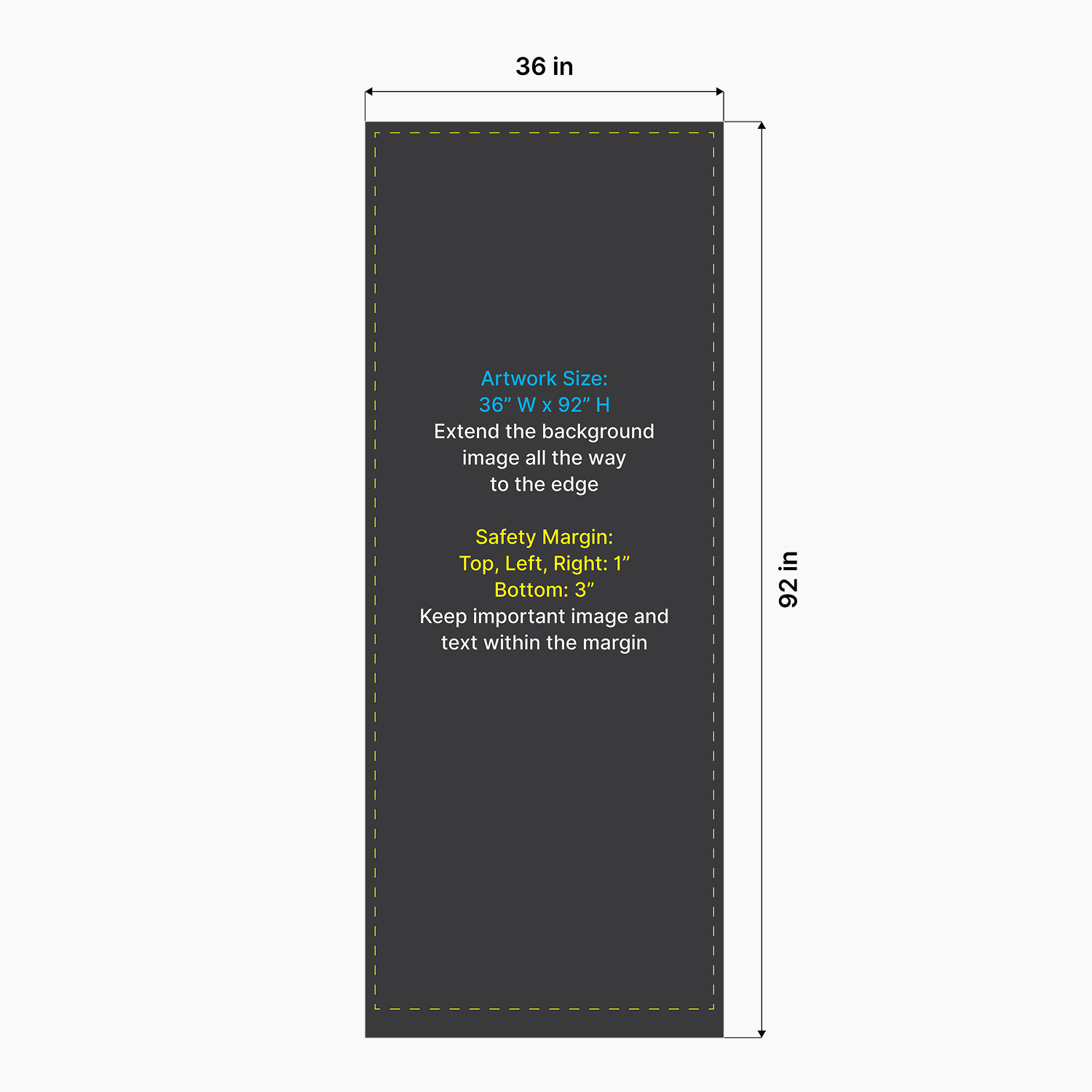 Artwork size and safety margin setup diagram for GoVizly 36 inch height-adjustable retractable banner stand