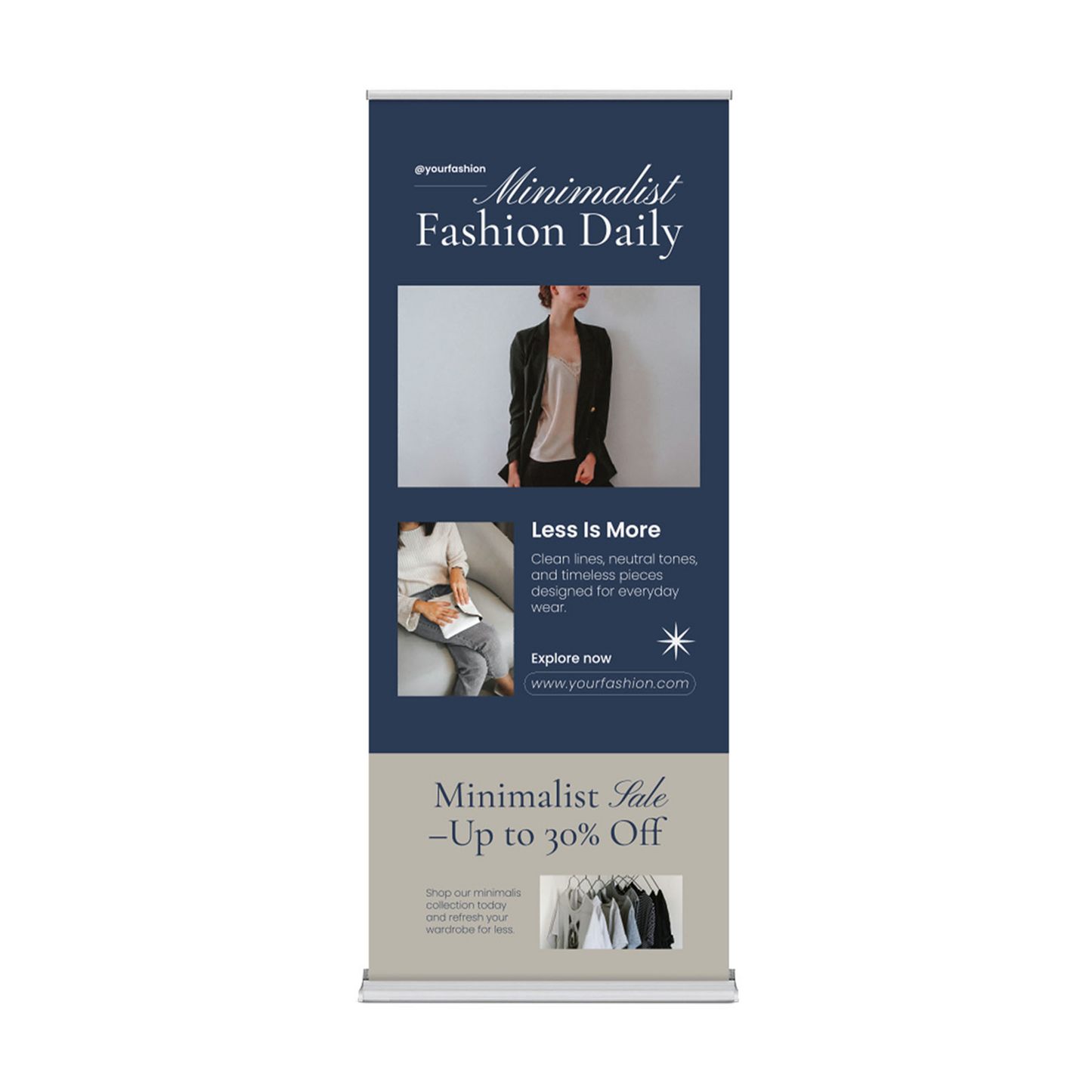GoVizly 36 inch height-adjustable retractable banner stand front view with full-color printed graphic