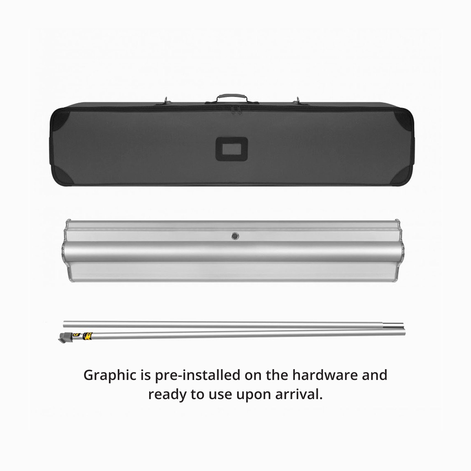 All included components of GoVizly 36 inch height-adjustable retractable banner stand — base, pole, graphic, and carrying case