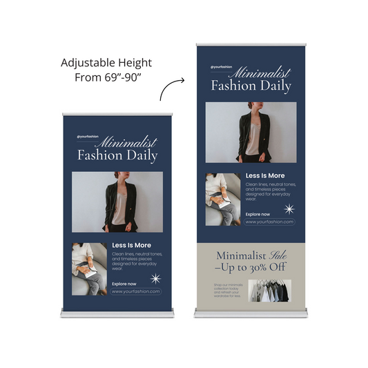 GoVizly 36 inch height-adjustable retractable banner stand showing height adjustment range