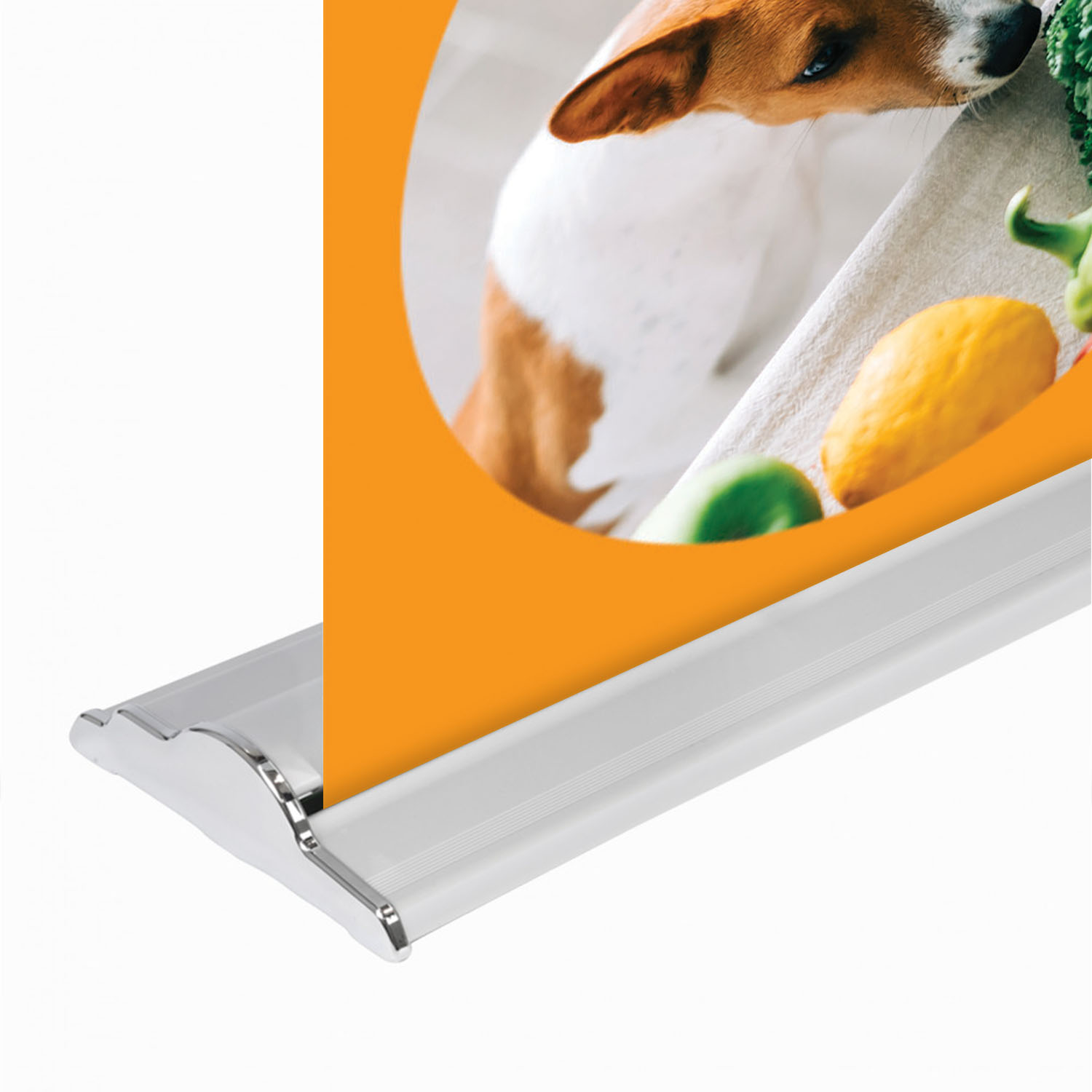 Close-up of GoVizly 36x69 premium mid-height retractable banner stand silver aluminum base